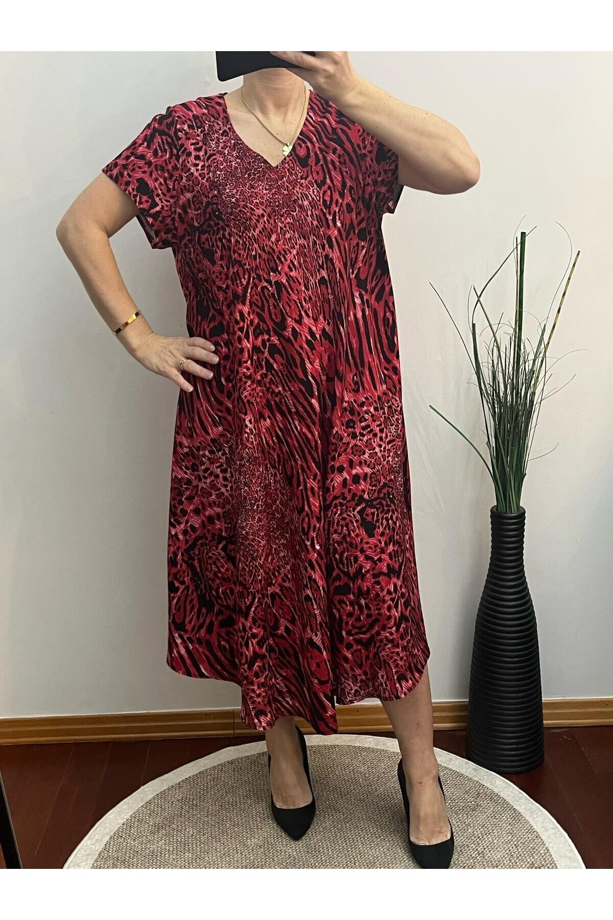 Bordo Leopar Desenli Elbise