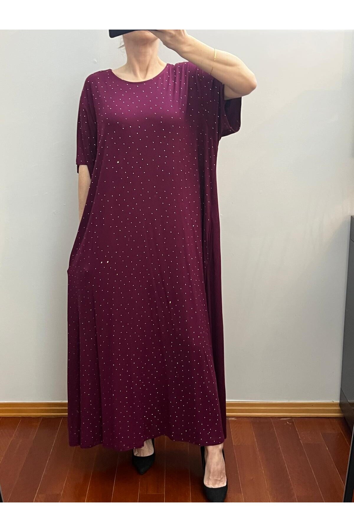 Bordo Taşlı Viskon Pamuklu Kumaş Elbise