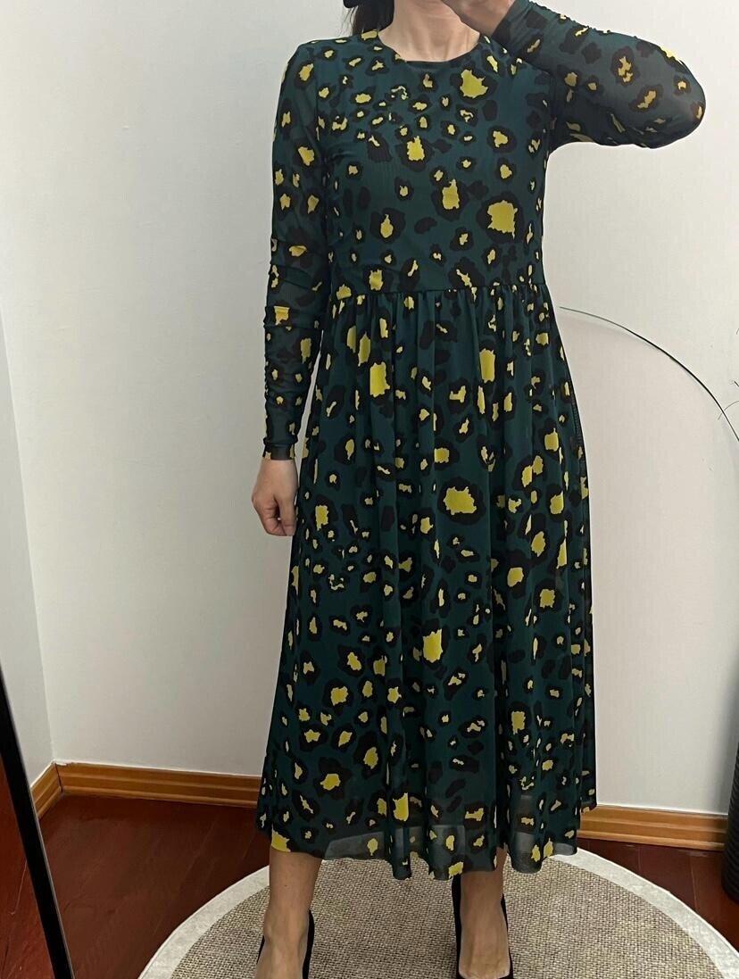 Yağ Yeşili Leopar Desen Midi Boy Tül Elbise