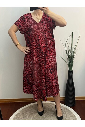 Bordo Leopar Desenli Elbise