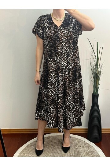 Kahverengi Siyah Leopar Desenli Elbise