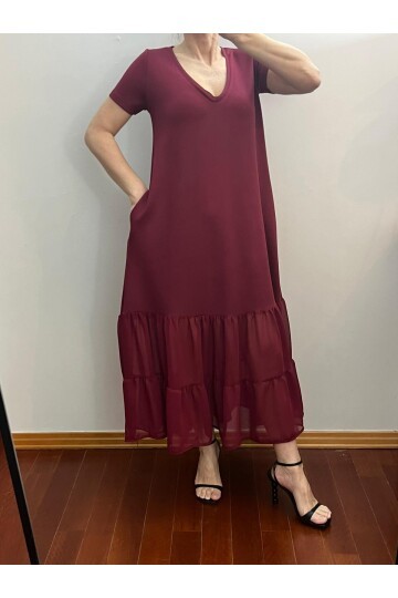 Bordo Renk V Yaka Kemerli Eteği Tül Detaylı Modal Elbise