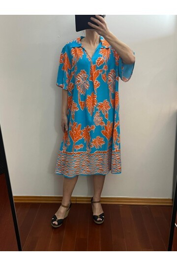 Oranj Palmiye Desen Pamuklu Viskon Elbise