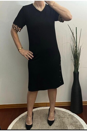 Siyah Modal Kumaş Full Likralı Leopar Detaylı Elbise