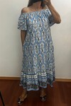 Mavi Desenli Madonna Yaka Pamuklu Viskon Elbise